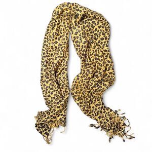 Unisex Leopard Print Pashmina Scarf 30x70 Brown Tan Fringe Silk Blend